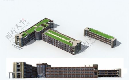 T字造型学校教学楼建筑设计3D模型图