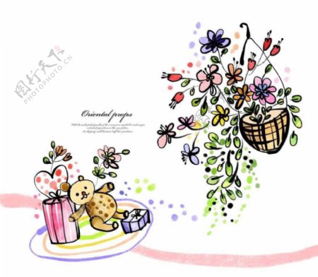 吊兰花朵和小熊礼物插画
