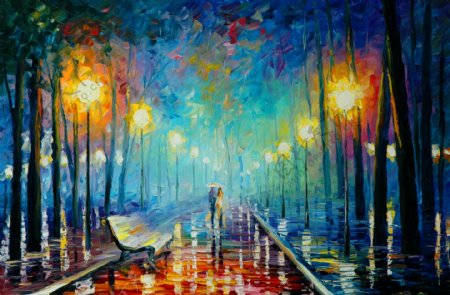 油画浪漫雨夜图片