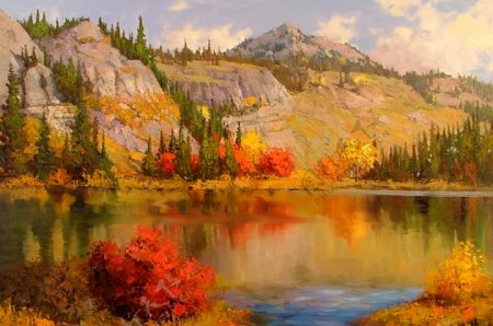 油画秋天的湖水图片