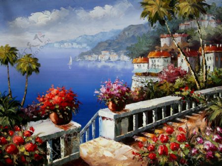 油画海边大海阳台鲜花花朵椰树蓝天白云