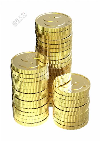 黄金的美元硬币堆孤立在白色的背景