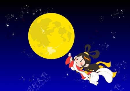 卡通QQ图婵娥奔月云月亮兔子星星