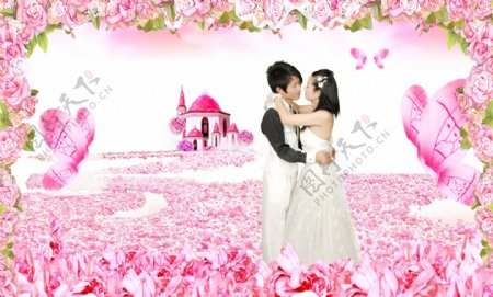 婚纱模板礼堂城堡浪漫花海粉色背景梦幻