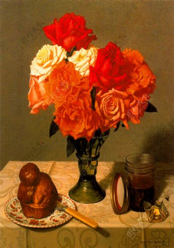 油画餐桌上的一杯鲜花图片