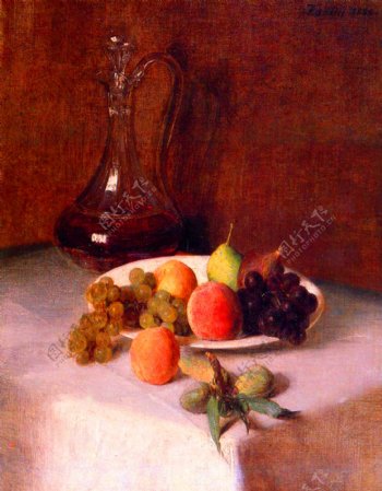 油画白色桌布上的一个玻璃水瓶酒和水果拼盘图片