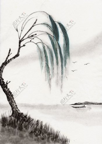 古代风景图湖边柳树