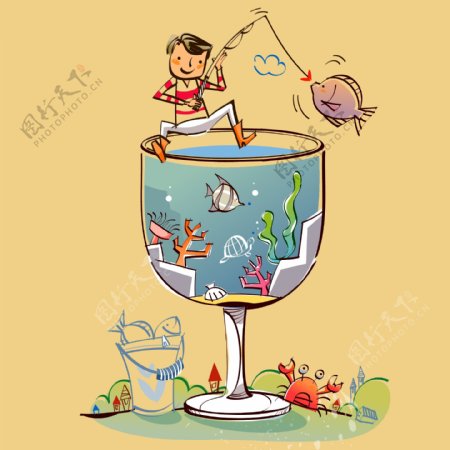 印花矢量图人物男孩钓鱼鱼免费素材