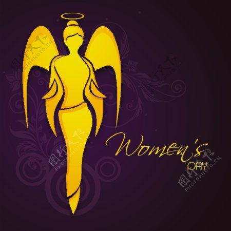 三八妇女节贺卡或海报上的天使花装饰的紫色背景插画设计