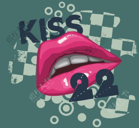 印花矢量图嘴唇KISS英文数字免费素材