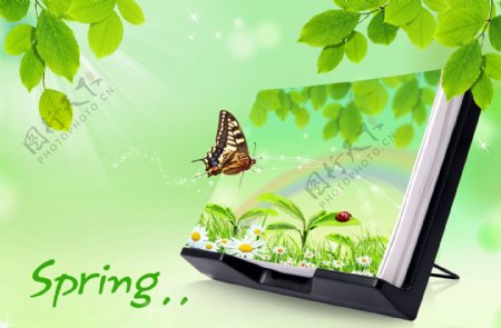 树叶蝴蝶春暖花开绿色植物书笔记本树手鼠标地球仪卡通人物PSD分层源文件韩国花纹图库