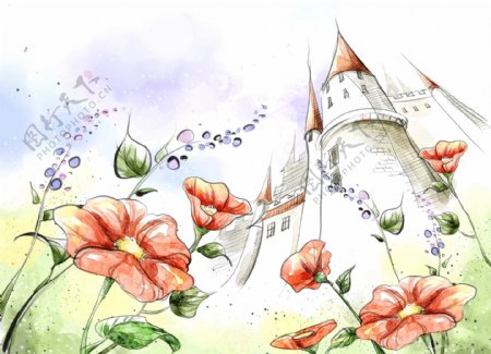HanMaker韩国设计素材库背景淡彩色调意境绘画风格花丛城堡