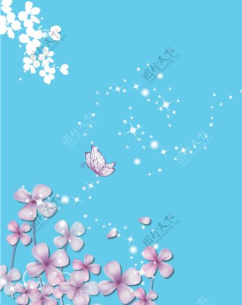 蓝色背景粉色花朵蝴蝶