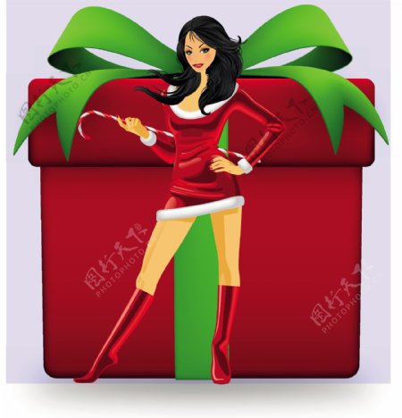 圣诞女孩和礼品盒设计矢量素材01