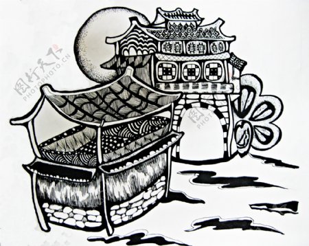 三江建筑黑白装饰风景画图片