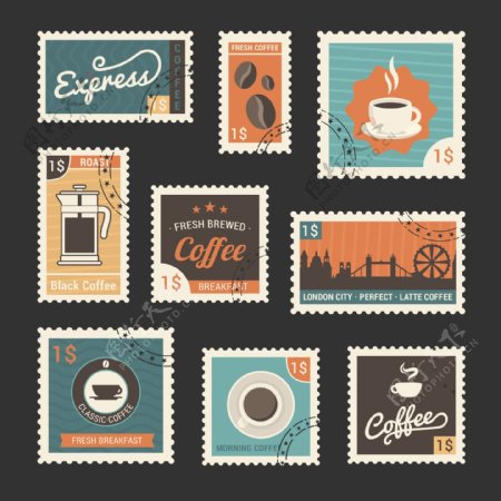 9款复古咖啡相关邮票