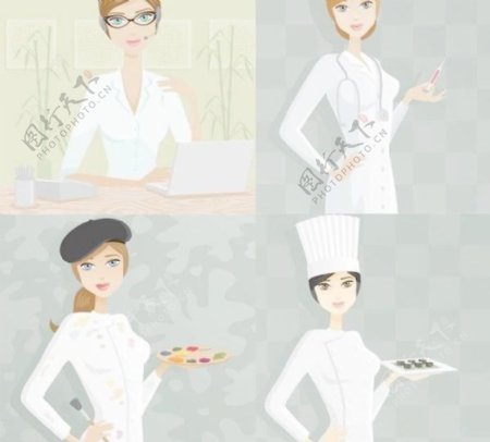 4种不同职业的现代女性插画矢量材料