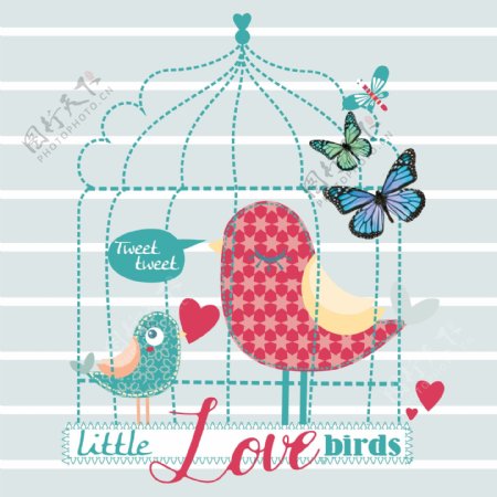 女童服装绣印花图案鸟笼和小鸟AI矢量图