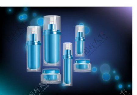 一个系列蓝色化妆品瓶子矢量效果图