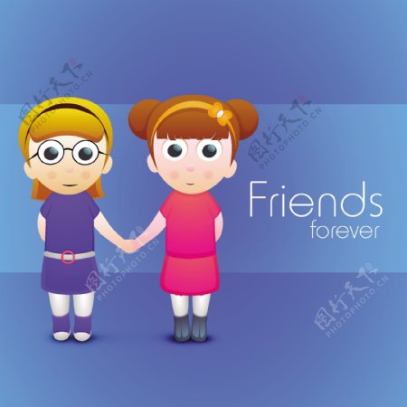 情人节快乐的概念有两个可爱的女孩牵着彼此的手在蓝色的背景