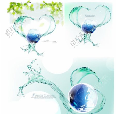 动感水花环绕蓝色地球矢量素材图片