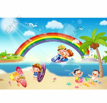 夏季海滩玩耍儿童失量图片