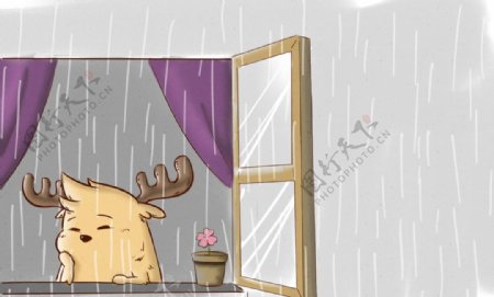 鹿小漫绘创意窗外之雨图片