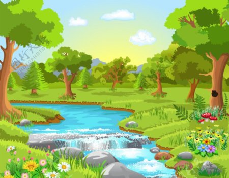 卡通蓝天白云绿树河流图片