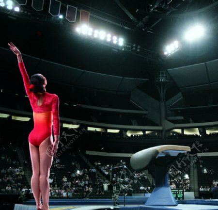 国际著名运动品牌李宁LOGO女子体操运动员室内跳水比赛跳板跳水图片