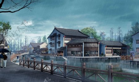 江南古民居雨景图图片