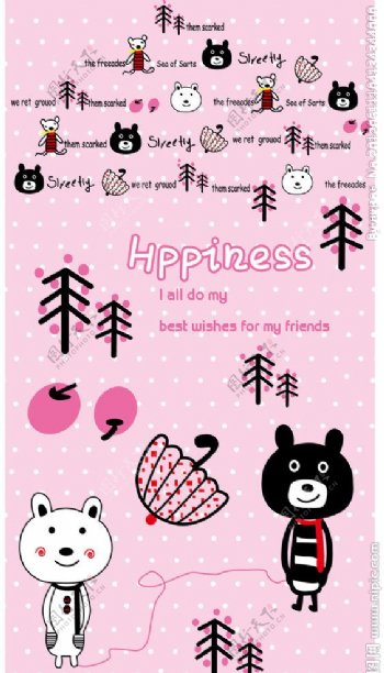 韩国卡通黑白小熊树红枣花纸图片