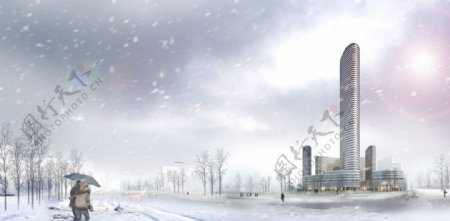 华茂商业大楼雪景图片