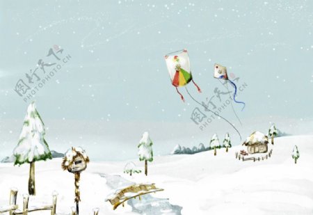 手绘梦幻郊外雪景风景插画图片