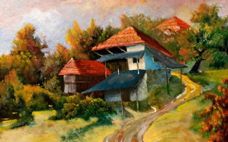房屋风景油画图片