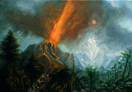 油画火山喷发图片