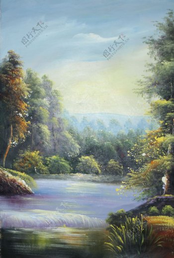油画秋天的溪水图片