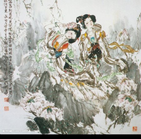 中国现代名画双荷图国画图片