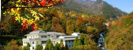 枫叶树木山脉房屋森林秋天意境宾馆酒店天空图片