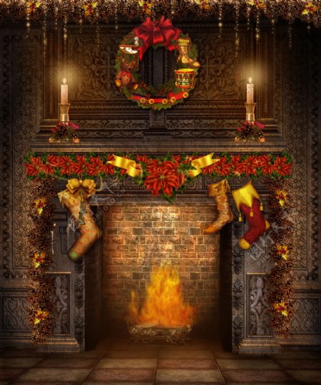 壁炉烛光圣诞花环图片