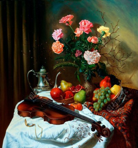 玫瑰水果小提琴油画图片