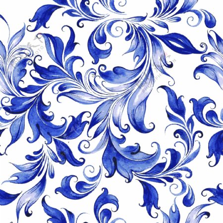 蓝色水彩花蔓无缝背景矢量素材图片