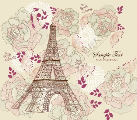 古典花纹花朵玫瑰巴黎铁塔图片