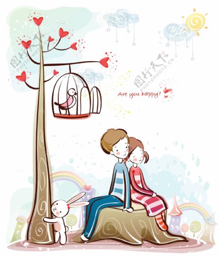 坐在树墩上的情侣图片