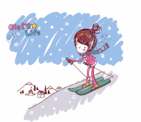 玩高山滑雪的女孩图片