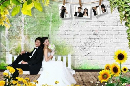 小花小草前景韩国创意卡通婚纱模板图片