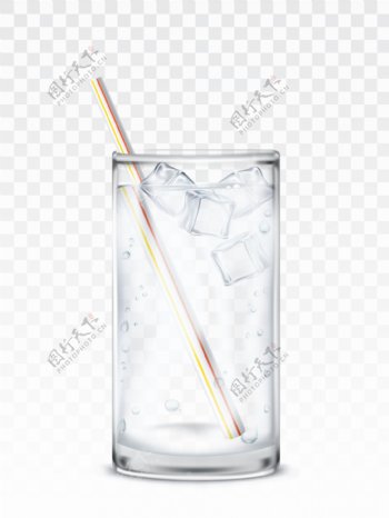 写实风格玻璃杯里的冰块吸管水