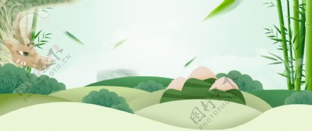 端午节粽子文艺手绘绿色竹叶背景
