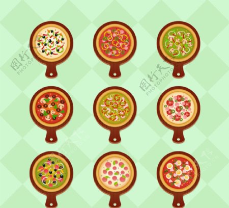 木质圆盘上的披萨矢量素材