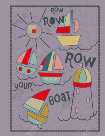 矢量卡通帆船印花图案