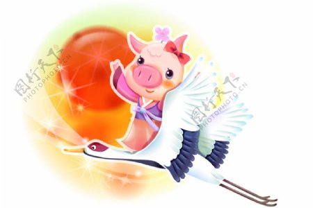 骑着飞鹤的快乐卡通小猪